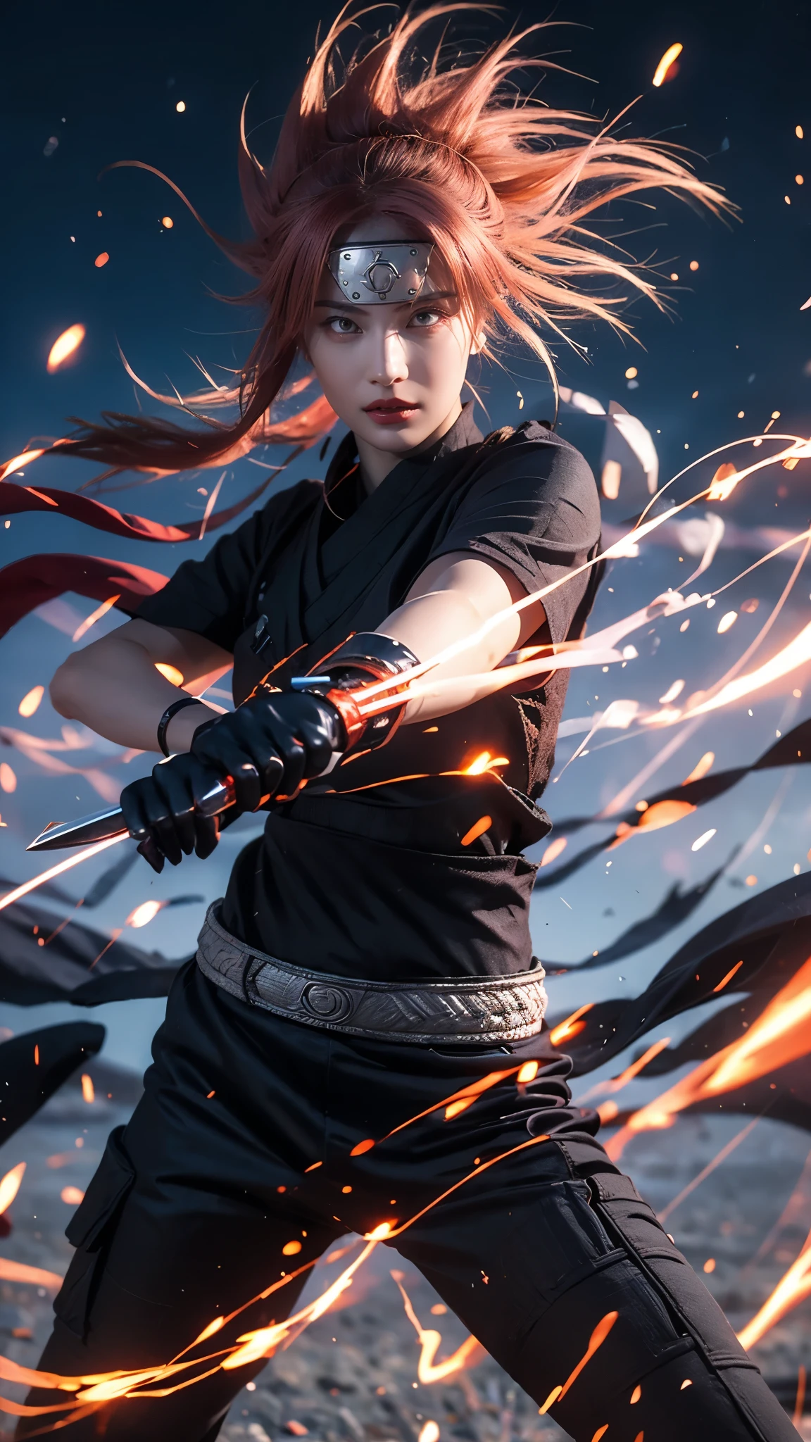 Moisturized skin, (red eyes), realistic body, (adult female body), energetic, (), (girl),
BREAK,
bright red lipstick, (beautiful navel), (pink hair), beautiful hair, (Hatake Kakashi's clothes: 1.3),
BREAK,
((masterpiece + highest quality + high resolution + highly detailed)), (full body: 1.2), symmetrical, one shot,
BREAK,
(electric shock), (wind blows), (blue electricity), (battle stance: 1.4),
BREAK,
(large Japanese sword), ninja, inside a mansion, assassination, cut, kunai, fantastical, dynamic,