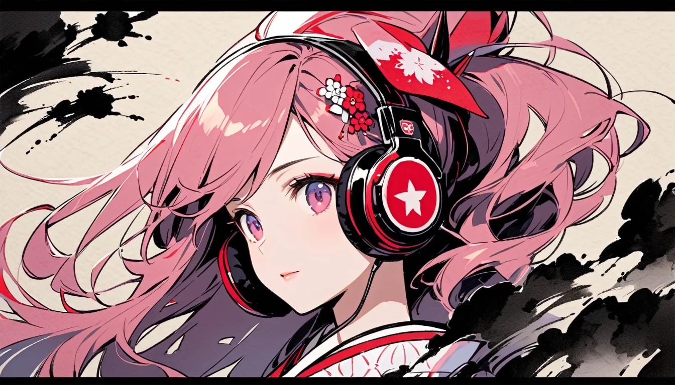 (((Ink Painting))), (((Japanese style headphones))), (((Princess))), face close up, Gorgeous hair accessories, Japan人の美少女, Fluttering Hair, Japan, Japanese flag, pink