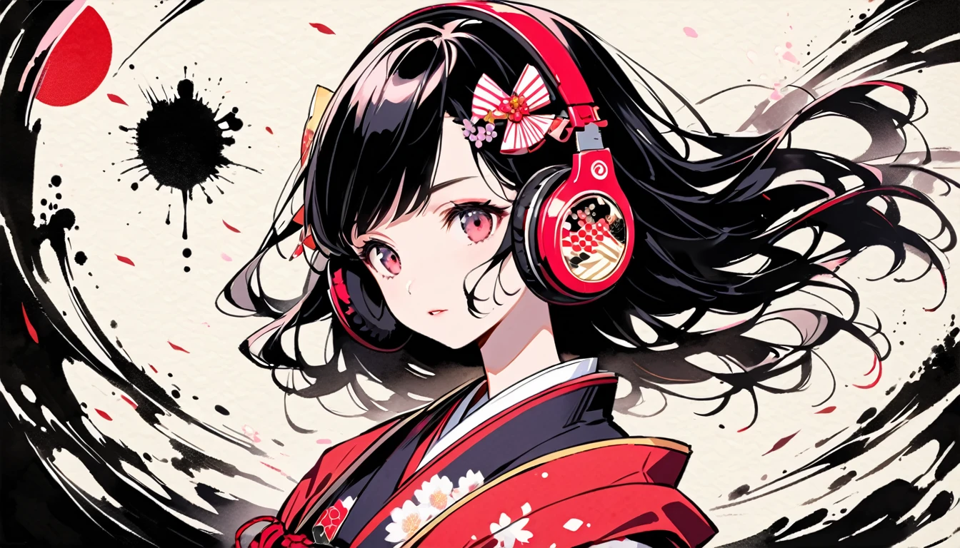 (((Ink Painting))), (((Japanese style headphones))), (((Princess))), face close up, Gorgeous hair accessories, Japan人の美少女, Fluttering Hair, Japan, Japanese flag, pink