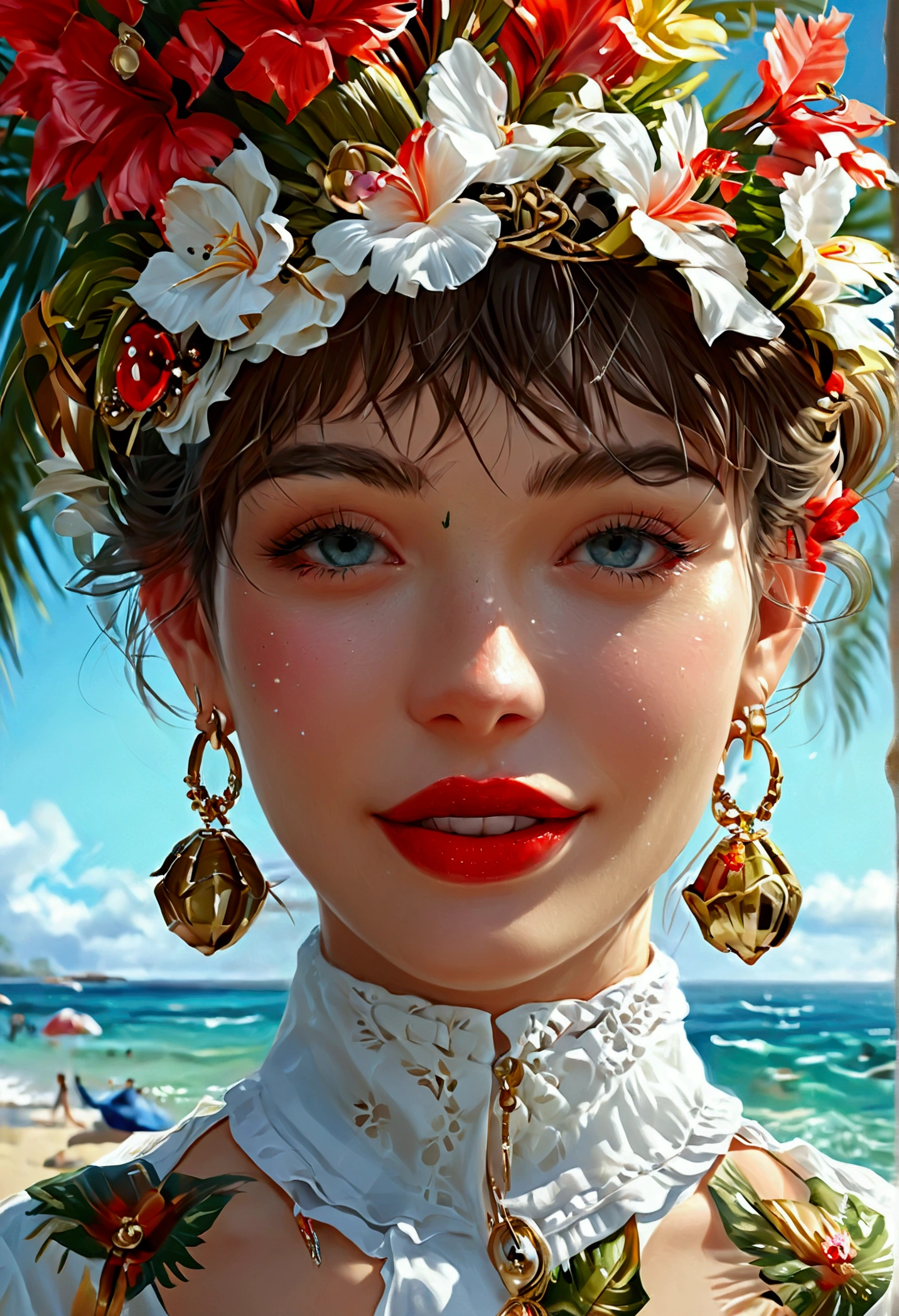 alone, Full body,ear rings, eyelashes, Tights,, (beach,(palm tree),crowd,(White shirt), Floral pattern,Red lips),sexly, impressive smile,, (shiny skin:1.05),(blush:0.9),(Skin indentation:1.15),realisti, ​masterpiece, highest quality, highres,most absurd, (perfect face:1.1), (keen focus:1.1),,  Trends on ArtStation, Trends bei cgsociety, complicated, High level of detail, keen focus, dramatic,