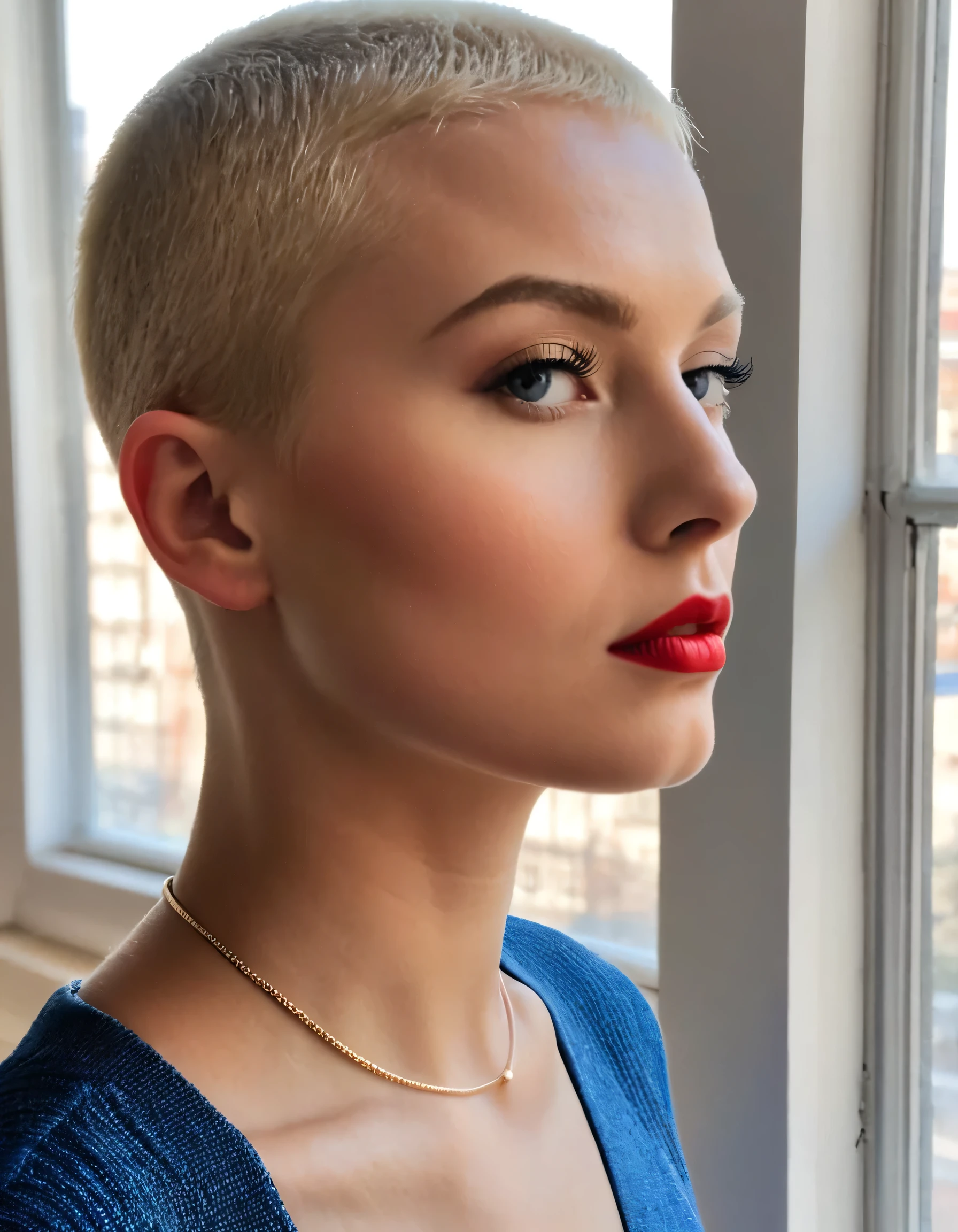 A photo of a (girl with blonde buzz cut hair:1.2), from russia, profile shot, she has (blonde eyebrows and eyeline), blue eyes, red lips, fashion model vibe, VOGUE, (natural light streaming through the window:1.1) casting soft shadows on her face, taken with an (iPhone XR:0.8) at 1/60s, f/2.2, ISO 800, candid expression, muted color palette, JPEG format.