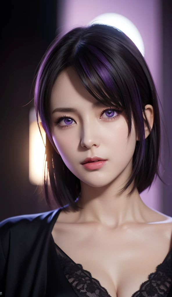 masterpiece, Highest quality, One girl, formal, Two purple eyes, Purple Hair,short hair、G-cup breasts、 wealth, Cowboy Shot, Looking at the audience, dark, (darkness), Cinematic Light, Edge Light, Detailed eyes, (Pure Eros Face_v1:0.5), Looking at the audience, (Reality: 1.2), Provocative, Honkai Star Remains, arrogant, Bang in the face of evil, Fantasy Background, Symmetry of the left and right eyes