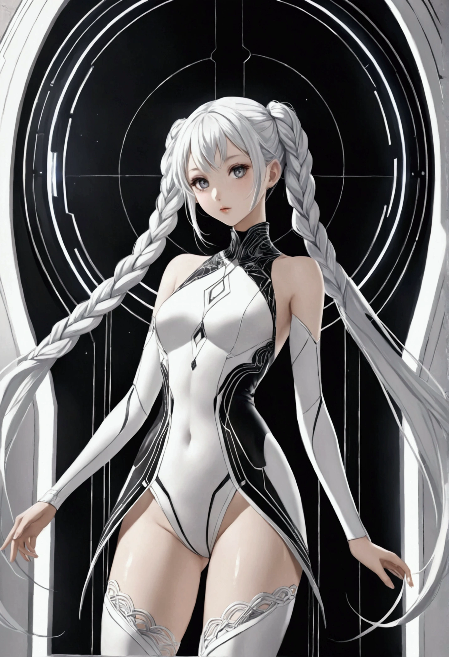 A girl with long white hair designed into intricate braids and twintail, grey eyes that exude elegance, slender and athletic built, average height,black and white futuristic dress, white thigh highs,detailed eyes, detailed body, 8k highres best quality.