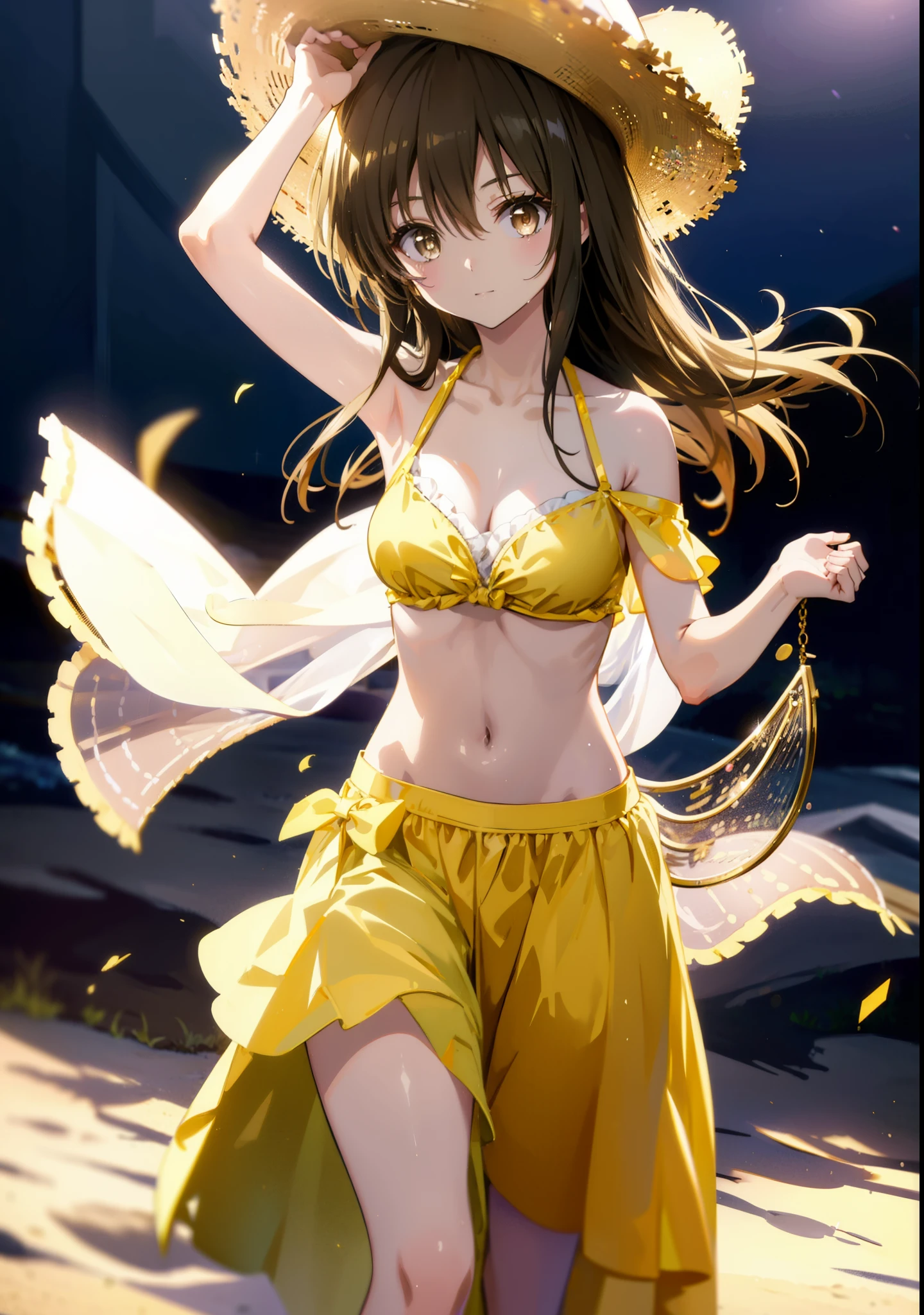 Yuikotegawa, yui kotegawa, Black Hair, (Brown eyes:1.5), Long Hair,Big Breasts,clavicle,smile,Straw hat,Bikini Swimwear,A thin long skirt is wrapped around her waist,Belly button,abdomen, Dancer, gold belly Dancer,whole bodyがイラストに入るように,Strolling on the sandy beach,
break outdoors, Beach,
break looking at viewer, whole body,(Cowboy Shot:1. 5)
break (masterpiece:1.2), Highest quality, High resolution, unity 8k wallpaper,, (shape:0.8), (Beautiful attention to detail:1.6), Highly detailed face, Perfect lighting, Extremely detailed CG, (Perfect hands, Perfect Anatomy),
