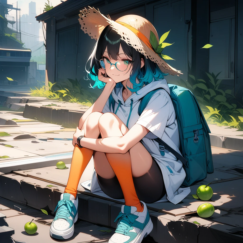 (masterpiece),(best quality),very aesthetic,(ultra-detailed),(super-fine illustration),vibrant colors,high saturation,nsfw,1girl,25yo,slender,tall,medium hair,black hair,natural wave hair,flipped hair,dark green eyes,comfortable,smirk,glasses,(straw hat with leaf color ribbon),carrying a aqua blue rucksack, (thigh-high parka dress with gradient earth color,black bike shorts),short sleeves,Sneaker Shoes,short orange socks,broken wristwatch,Abandoned station platform,Broken concrete ground,sitting indian style,eating rugged green fruit,summer,cowboy shot,looking away,wind