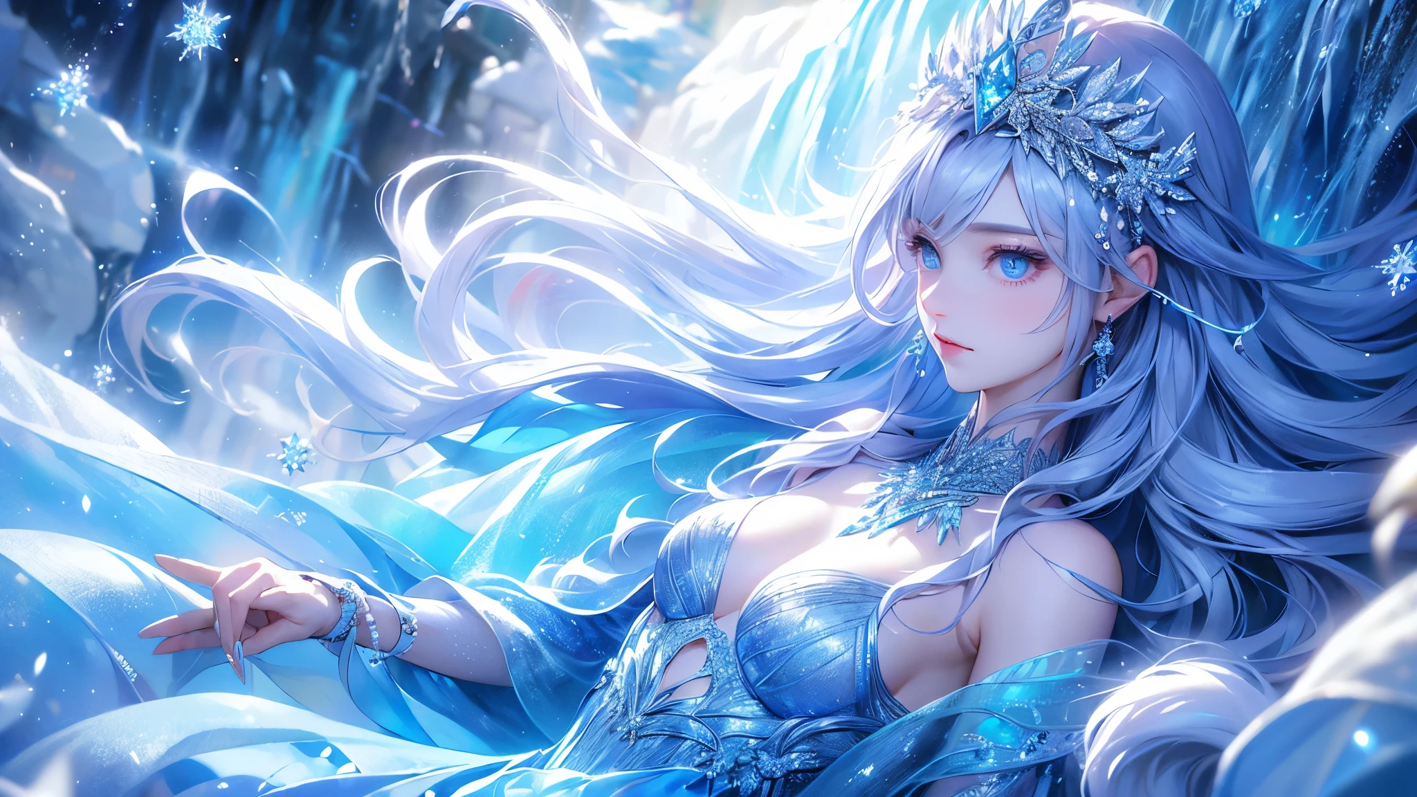 (long shot photo:1.5)wood, Exquisite mini ice spikes and crystals, Frozen waterfall in the background, Light reflected by ice crystals, Flowing snowflakes.1 girl, Beautiful woman、pretty girl,A realistic person,Beautiful cleavage,((small breasts))