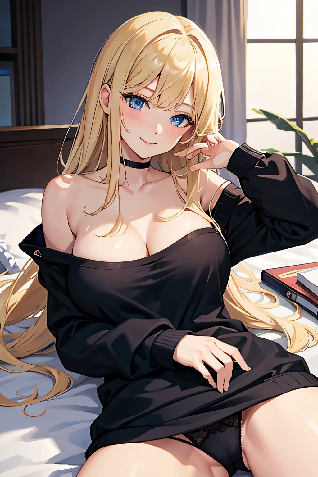 masterpiece, best quality, detailed clothes, young, blonde haired girl, blue eyes, medium breasts, smiling, lying down on bed, shirt slightly riding up, teasing, sexy, comfy sweatshirt hoodie, black lace panties