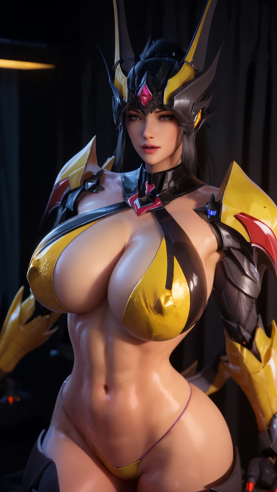 TEKKEN_REINA, CLOSE UP UPPER BODY,SOLO, COWBOY SHOT, ((EVIL DRAGON MECHA HORN,WHITE HIGHT PONYTAIL HAIR)), (GIGANTIC FAKE BREASTS,CLEAVAGE TOP,11 LINE ABS:1.5), ((WEARING OUTFIT MECHA GOLDEN CRIMSON DARK EVIL DRAGON MICRO BIKINI ARMORED:1.5)), (MUSCULAR BODY SHAPE:1.5), (CLEAN GLOSSY BODYSKIN:1.5), (LOOKING AT VIEWER:1.6), (BACKGROUND FUTURISTIC SPACE STATION:1), (PHOTOREALSITIC:1.4), (ULTRA-DETAILLIERT), (TOP-QUALITY), (BEST SHADOWS), BRIGHT LIGHT IN ROOM, HYPER TEXTURE, (4X MSAA), ((UNREAL ENGINE 5 RENDER)), (NEON), PHYSICALLY-BASED RENDERING, ULTRA HIGHT DEFINITION, 16K, 1080P.