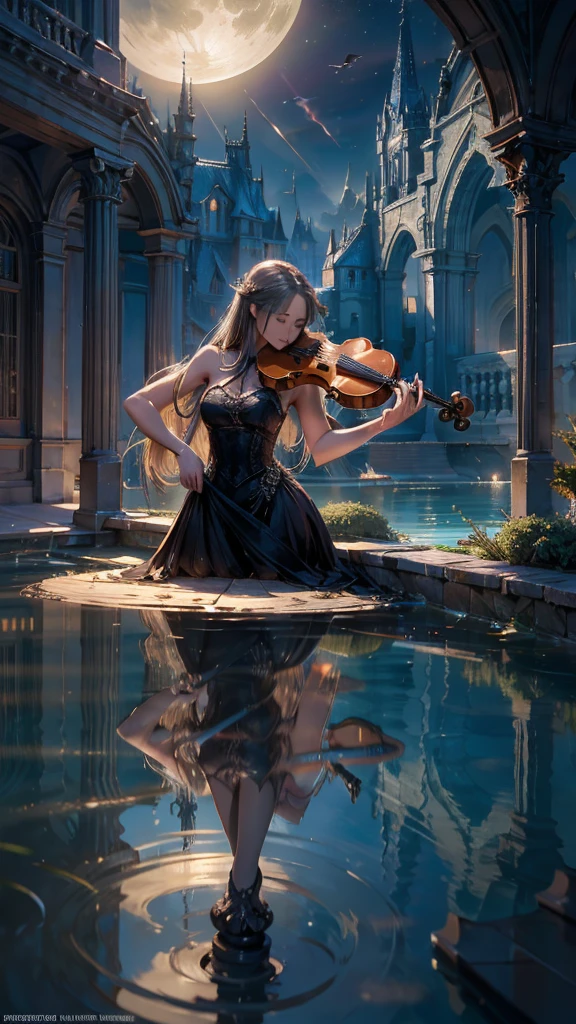 best quality,masterpiece,Ultra-high resolution,(photoactual:1.4),Fantasy,night,Moonlight,European style,Heaven,patio,pool,A 20-year-old,beauty,grace,Female angels,Long hair above waist,Elegant clothing,Large wing,坐在pool旁,Hand playing violin,