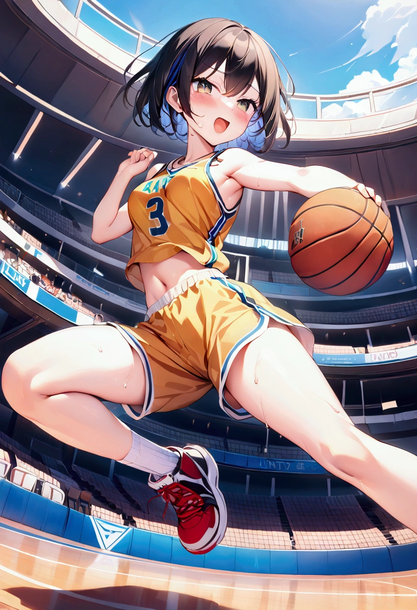 short hair,black hair,breen eyes,slanted eyes,open mouth,{normal breasts},{ai-generate}:6, {anime coloring}:4,1girl,solo,midday,{in basketball court (outdoor)}:1,skinny body,narrow waist,{small hip}:8,{thin tighs}:2,thin legs,{basketball uniform},half pants,basketball shoes,hold a basketball in hands,jumping,{raising a basketball in hand},sweat,seriously,full body,{dynamic angle}, masterpiece, best quality, ultra detailed, high resolution, absurdres, perfect anotomy, detailed background, unity 8k wallpaper,