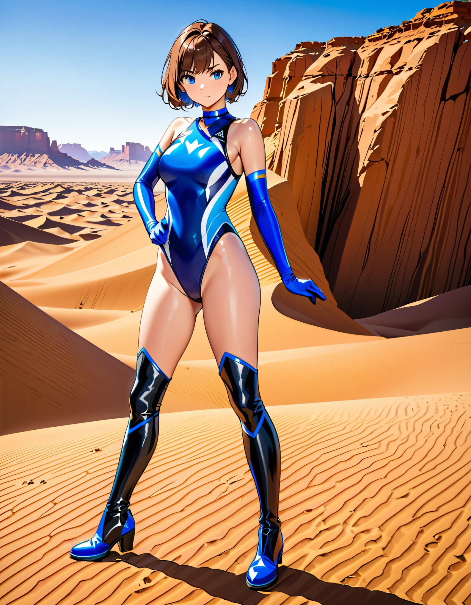 (masterpiece), (best quality), (high res), highly detailed, professional, 1girl, tall body, superhero, blue choker, blue eyes, blue footwear, blue gloves, matching boots, (blue leotard, competition swimsuit, elastic sleeves), medium breasts, brown hair, knee boots, short hair, bob hair, solo, determined, full body, college-age female, cowboy shot, hand on hip, dynamic standing pose, full body costume design. desert backdrop.