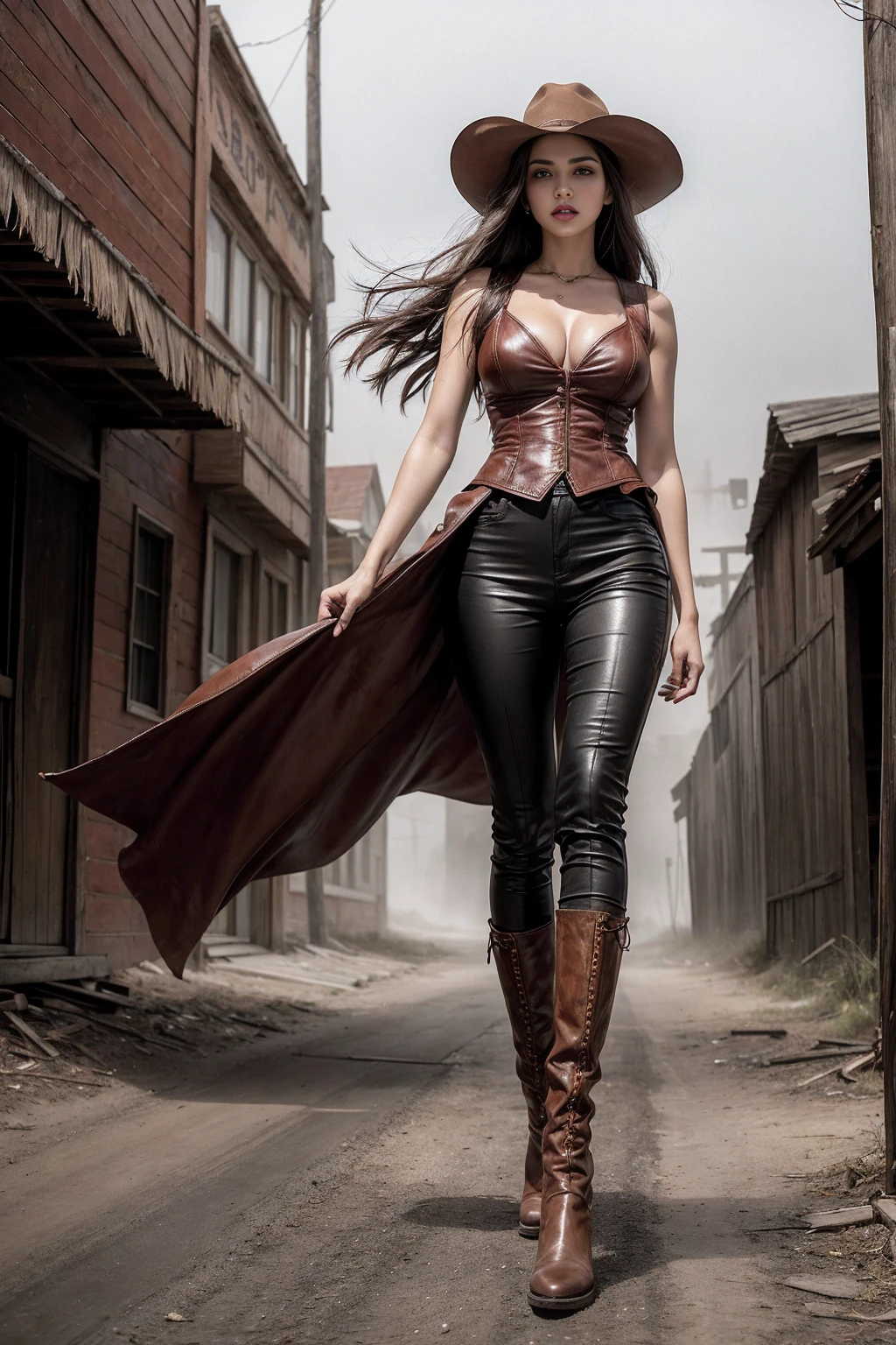 Full body cowboy woman circa 1880s, Brown long straight hair, Brown eyes, High arched eyebrows, Slender and graceful neck, Red lips, Large Breasts, Brown Leather Tights, Sleeveless Brown Leather Vest, Leather Boots, Walking on the dusty sandy streets of a deserted North American town,The wind blew through her hair, Practical, photoPractical, photoPractical, fear, Dark gloomy atmosphere and dramatic lighting, dark red, Foggy environment, Detailed facial expressions, Terrible fog