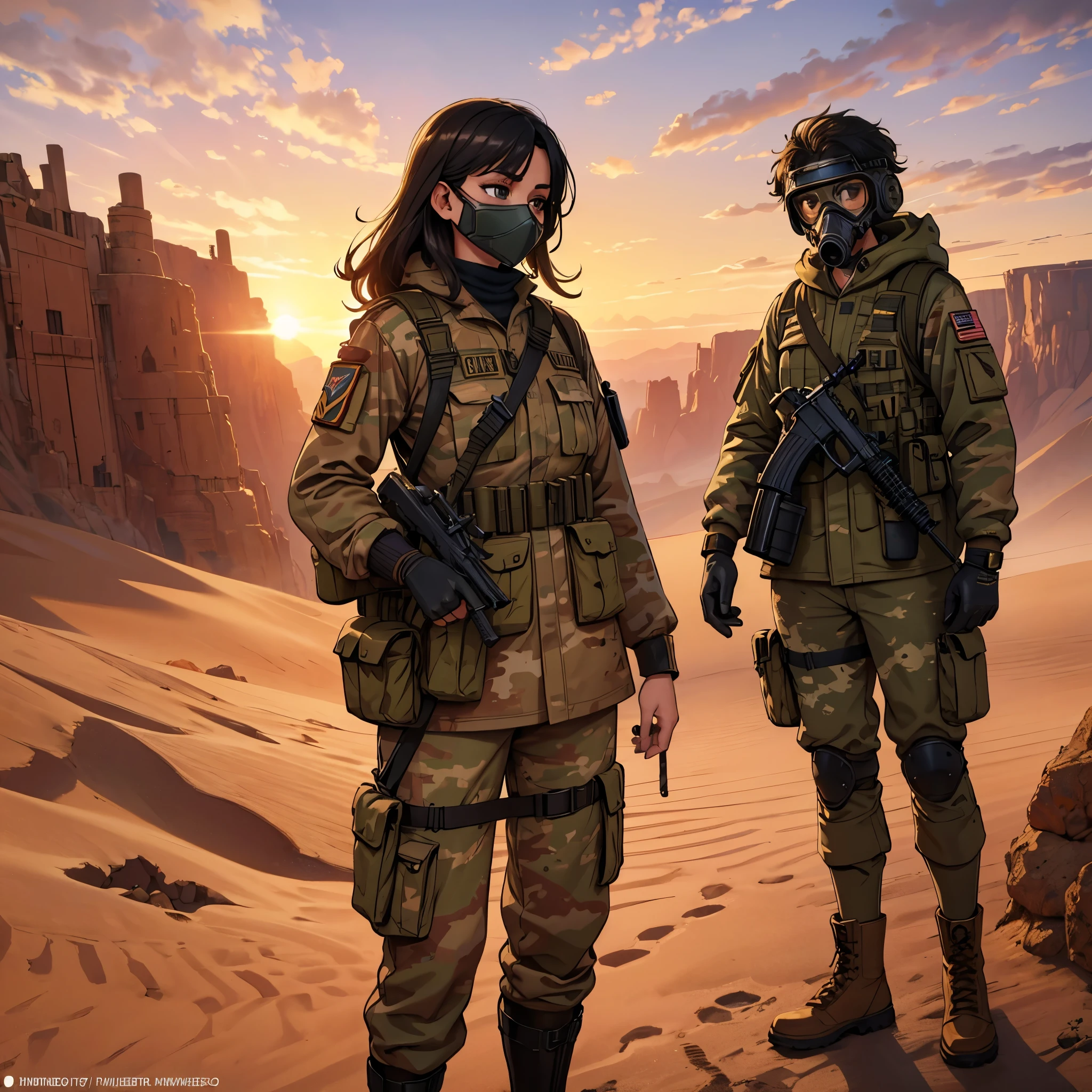 masterpiece, Best Quality, official art, (hand by Guido Daniele), Extremely detailed CG unity 8k wallpaper, 1 girl,  army uniform, desert camouflage, desert, smoke, dust, holding a gun, War, battle, action, Sunset, gas mask  