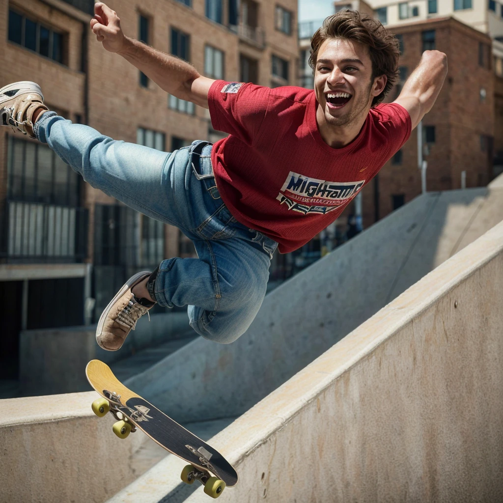 ((uhd, masterpiece, anatomically correct, textured skin, super detail, high details, high quality, best quality, highres, 16K, photograph)), brown hair, expressive hair, grin, wide shot, skateboard, 1boy, Jumping, A skateboard is on top of the railing, Striking a balance, Powerful photos, Vivid, Newspaper article photo