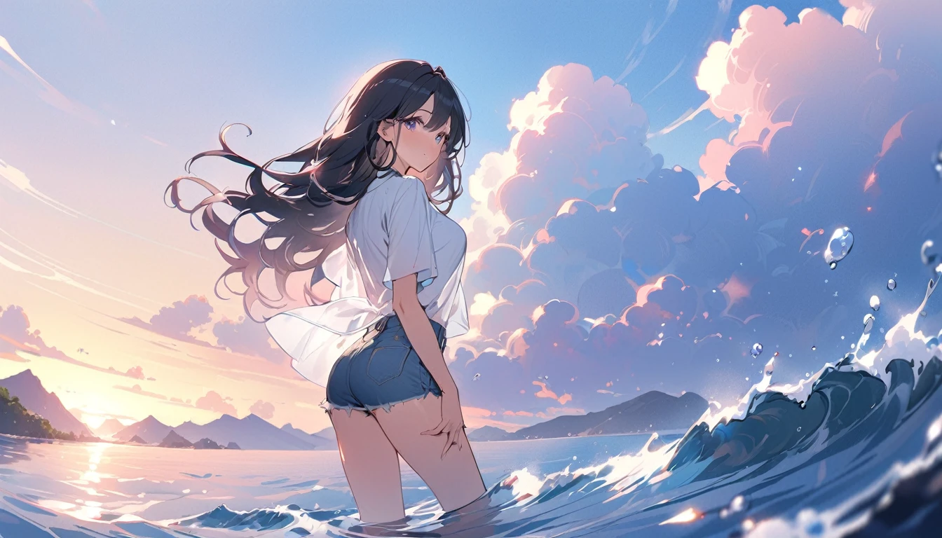 Uyuni salt lake、Standing on the water、((Highest quality))、((masterpiece))、(detailed)、(makoto shinkai)、((Anatomically correct))、(High resolution、8k)、(Beautiful Skin:1.1)、One woman、Back view、Stand 10 meters apart、whole body、(Beautiful eyes:1.2)、Overlooking the sea from the top of a hill、Beautiful sunset、horizontal line、Sparkling sea、ripple、Long hair flutters in the wind、Black Hair、White shirt、Denim hot pants、sneakers、