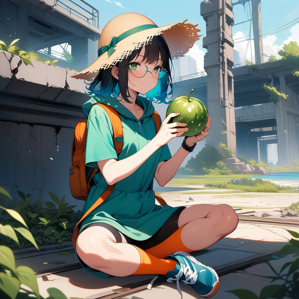(masterpiece),(best quality),very aesthetic,(ultra-detailed),(super-fine illustration),vibrant colors,high saturation,Collapsed civilization,nsfw,1girl,25yo,slender,tall,medium hair,black hair,natural wave hair,flipped hair,dark green eyes,comfortable,smirk,glasses,(straw hat with leaf color ribbon),carrying a aqua blue rucksack, (thigh-high parka dress with gradient earth color,black bike shorts),short sleeves,Sneaker Shoes,short orange socks,broken wristwatch,Abandoned station platform,Broken concrete ground,sitting indian style,eating a rugged green fruit,holding a rugged green fruit,summer,cowboy shot,looking away,wind