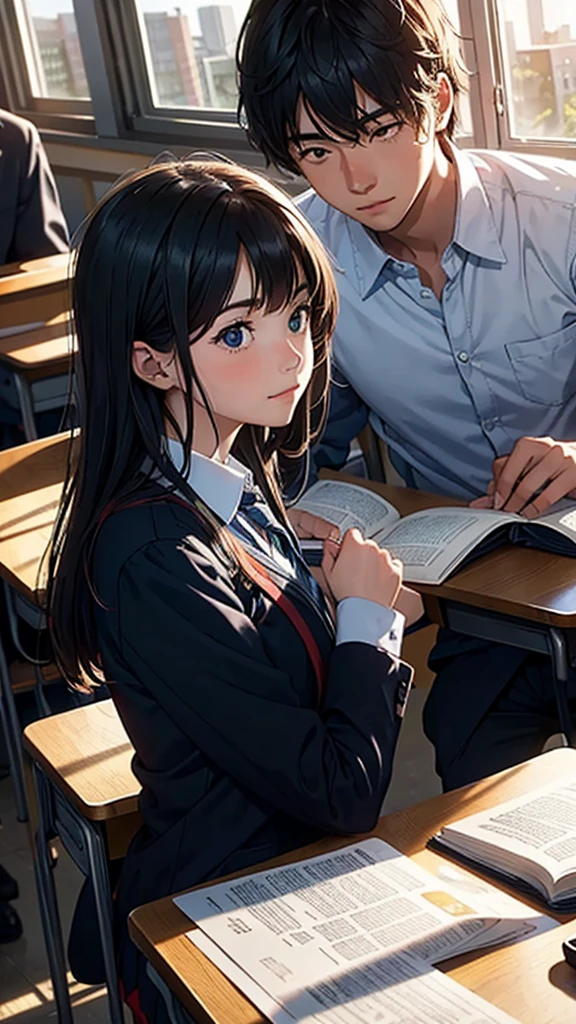 a young couple in a school classroom, studying at a desk, morning sunlight streaming through windows, 