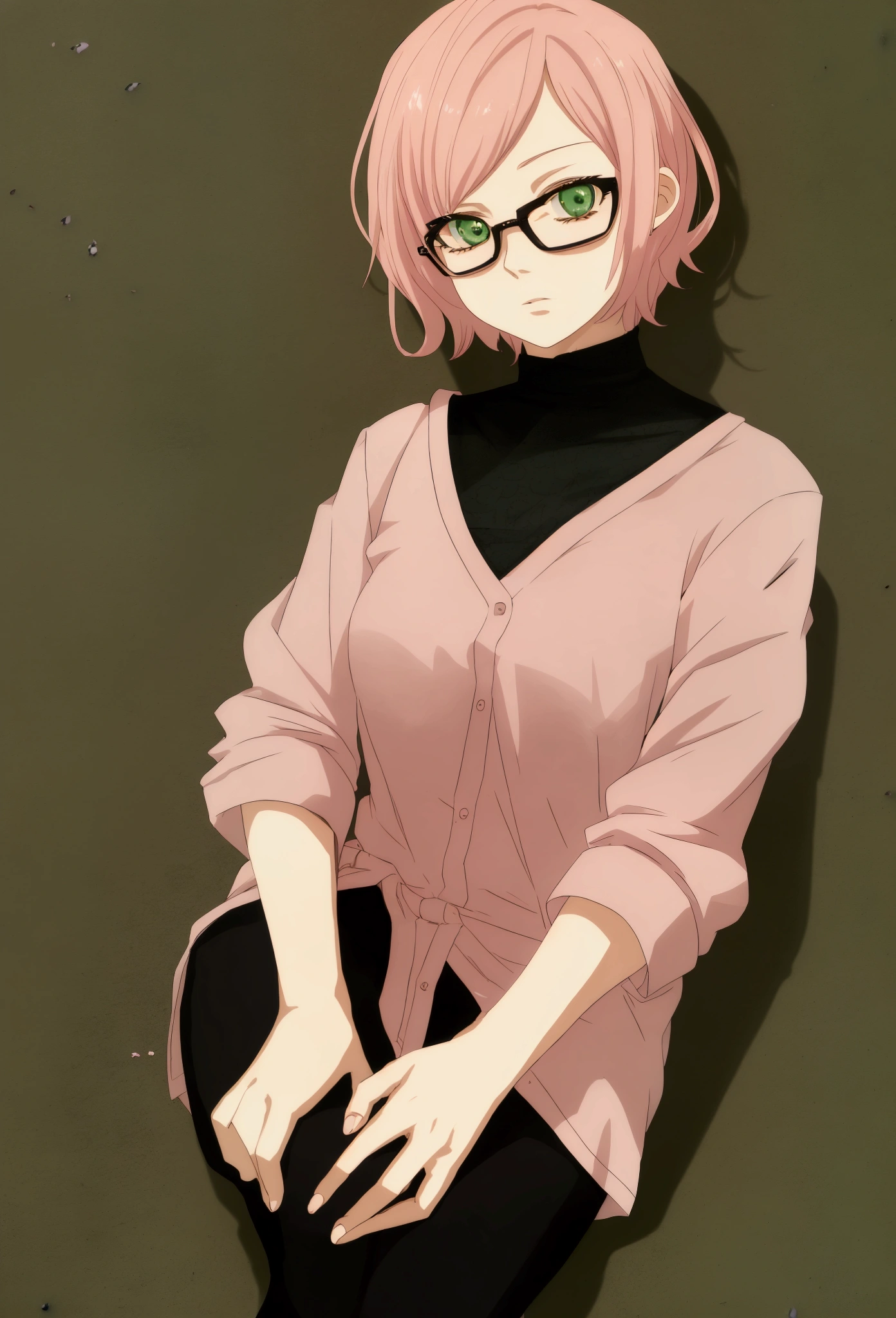 Generates a 17 year old anime girl who has short pink hair, green eyes, wears a shirt from Brazil and wears glasses.
