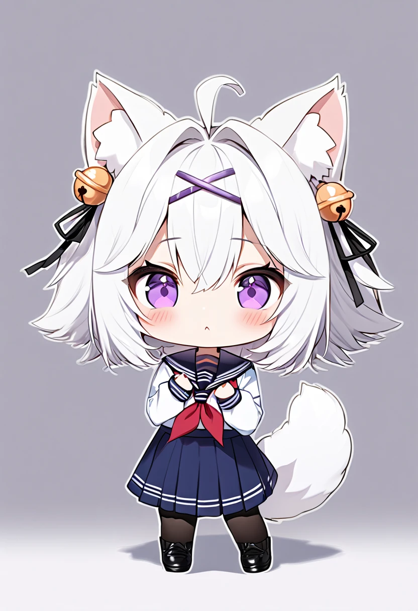 master piece, best quality, ultra-detailed, illustration, 1girl, solo, chibi, (big head), cute pose, Filiansailor, white hair, short hair, cat ears, ahoge, purple hairclip, hair bell, purple eyes, fluffy tail, serafuku, red neckerchief, blue skirt, black stockings, black shoes, ((simple white background)),