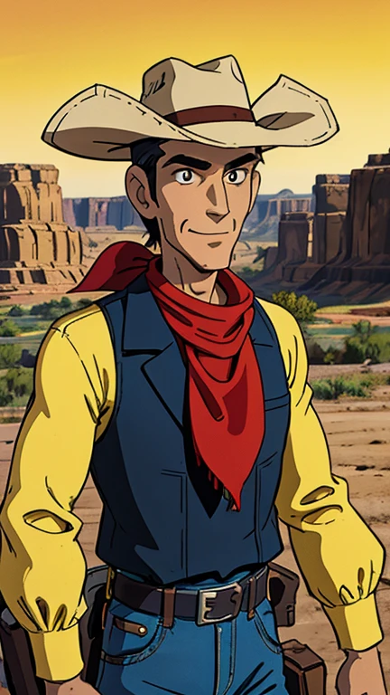 (1man, Lucky luke, yellow top, black jacket, jean, cowboy hat, red bandana,mike_cowboy), (extremely detailed CG unit 8k wallpaper),(master part), (best quality), (ultra detail), (best illustration),(melhor ombre), cowboy shot, (Sharp eyeliner, ombre, detailed eyes:1), desert canyon background, ranch land, break , (ghibli style), upper body,short hair, orange hair