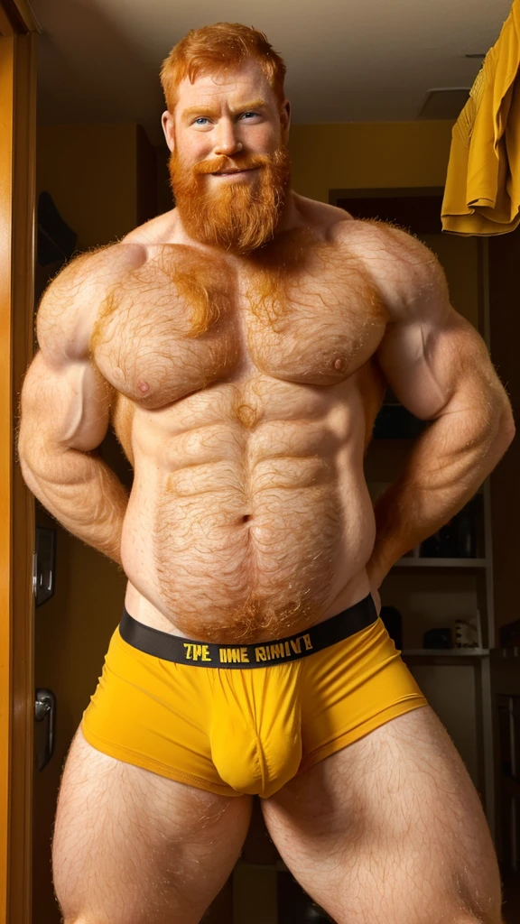 Extremely muscular, very hairy, rugged ginger daddy flexing his arms ((Sweaty)) ((Hairy)) ((Thick, full, curly ginger body hair all over)) ((Thick, excessive ginger chest hair)) ((Curly, full ginger pubic hair)) ((Thick, full happy trail of hair all over his abs)) ((Late 40s)) ((Extremely handsome)) ((Square jaw)) ((Sweating)) ((Smiling menacingly)) ((wearing yellow underwear)) ((Huge bulge in underwear)) ((vpl)) ((yellow briefs)) ((Excessive pubic hair)) ((Short, military haircut)) ((Buzz cut)) ((Homoerotic)) ((Extremely realistic)) ((Seductive glare)) ((Unibrow)) ((unibrow)) ((caveman brow bone)) ((ginger moustache)) ((head to toe)) ((full body)) ((hairier)) ((more hair)) ((ape)) ((more body hair)) ((extreme ginger body hair)) ((fur)) ((dad bod)) ((ginger)) ((iris)) ((buzz cut)) ((short fade)) ((clothed)) ((yellow briefs)) ((huge beard)) ((long beard)) ((pregnant)) ((belly)) ((dad bod)) ((very long beard))