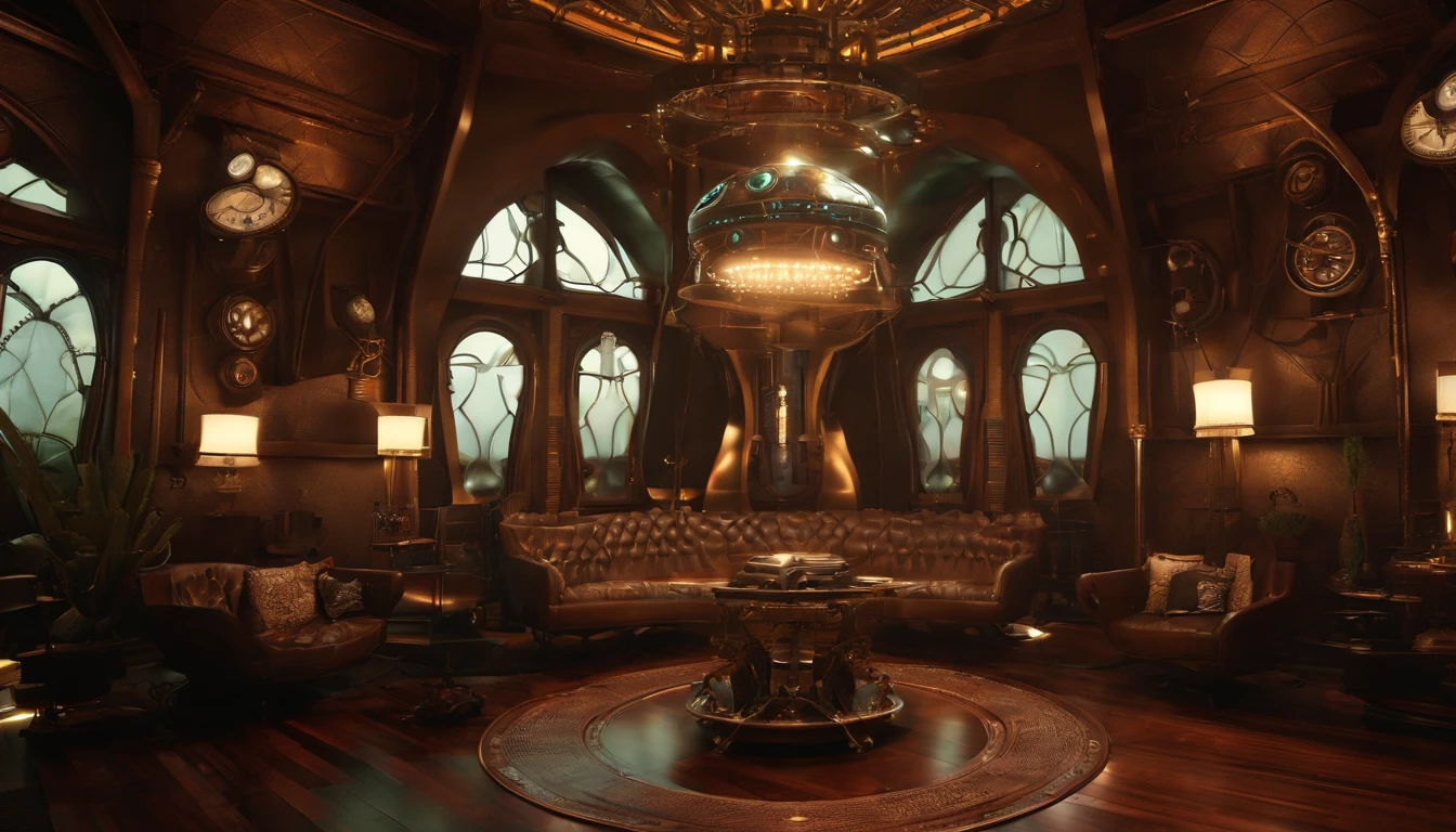 Jacaranda: kaleidoscopic: lights. A luxurious (((steampunk-inspired))) 31st century alien playroom.The house is powered by intricate machines inspired by Ridley Scott. A female alien humanoid is playing a game with her old son on the floor.