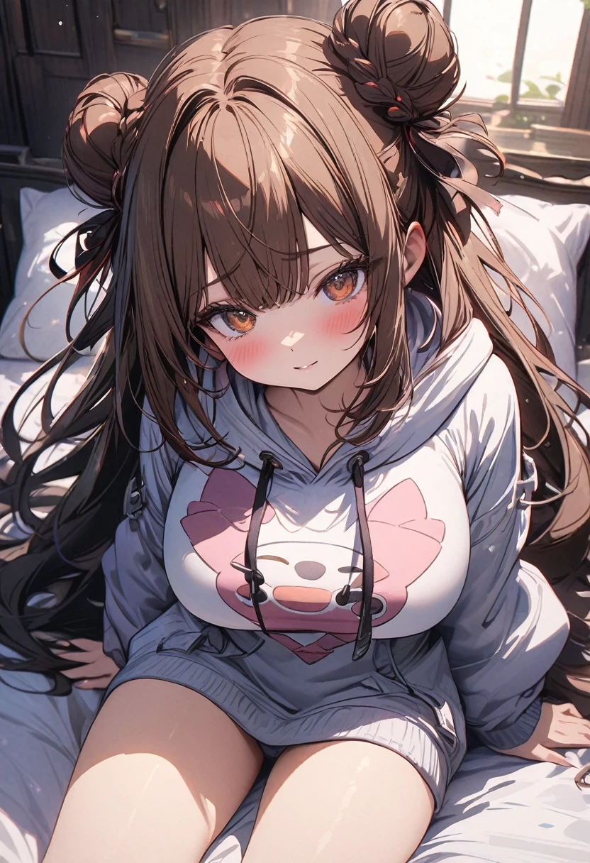 (masterpiece), best quality, very aesthetic, newest, absurdres, detailed, high quality
BREAK
highest quality, top quality, details, highres, ultra fine painting, digital art, official art, splash art, cinematic, 4k, 8k resolution, 8K CG wallpaper, original artwork, detailed background, High Dynamic Range, lens flare, blurry background, Starburst effects, crepuscular rays, good ISO, high resolution, wide shot, from far away, POV, sharp focus, light reflection, reflections, intricate details, soft light, particle noise, professional photography, bokeh, depth of field, studio lighting, vibrant colors, detailed lights and shadows, stylish, ultra-detailed, top rated on Pixiv, trending on Artstation, niji style, master crafted, pose
BREAK
solo, (close up), from above, 1girl, pale skin, correct fingers, detailed hand, (big toned breasts:1.2), big thighs, small torso, short body, flushtered, blush, anxious expression, embarassed, embarassed act, casual, slim, ((cute, childlike face):1.3), nice body, nice hips, brown hair, (very long flowing hair, 2 buns hairstyle), long bangs, long hair, middle hair bangs, brown eyes
BREAK
(a one-piece oversized hoodie, visible body curves, comfortable vibe) 
BREAK
((Full bed sheets background, the girl is in a laying down position on the bed with her head touching on a pillow)), [Sitting down position], messy bedsheets, pillows
