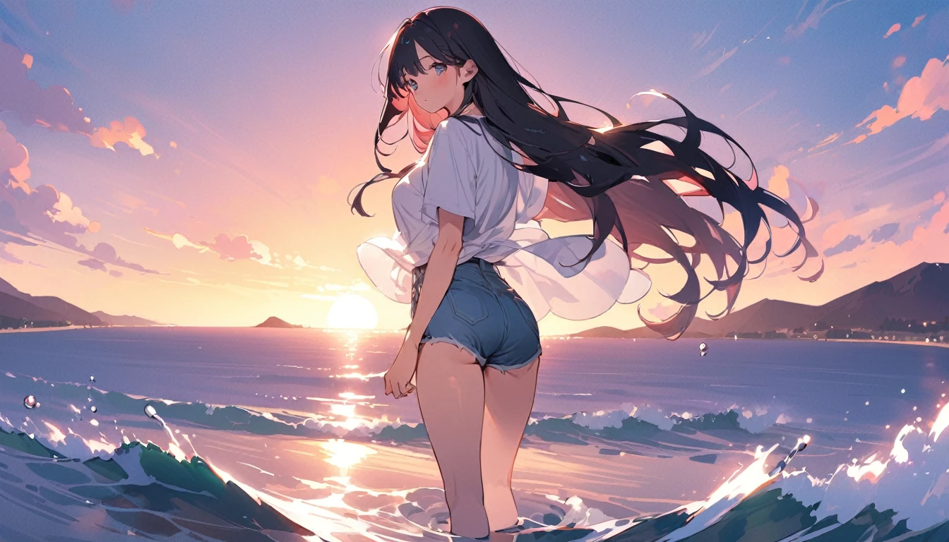 Uyuni salt lake、Standing on the water、((Highest quality))、((masterpiece))、(detailed)、(makoto shinkai)、((Anatomically correct))、(High resolution、8k)、(Beautiful Skin:1.1)、One woman、Back view、Stand 10 meters apart、whole body、(Beautiful eyes:1.2)、Overlooking the sea from the top of a hill、Beautiful sunset、horizontal line、ripple、Long hair flutters in the wind、Black Hair、White shirt、Denim hot pants、sneakers、