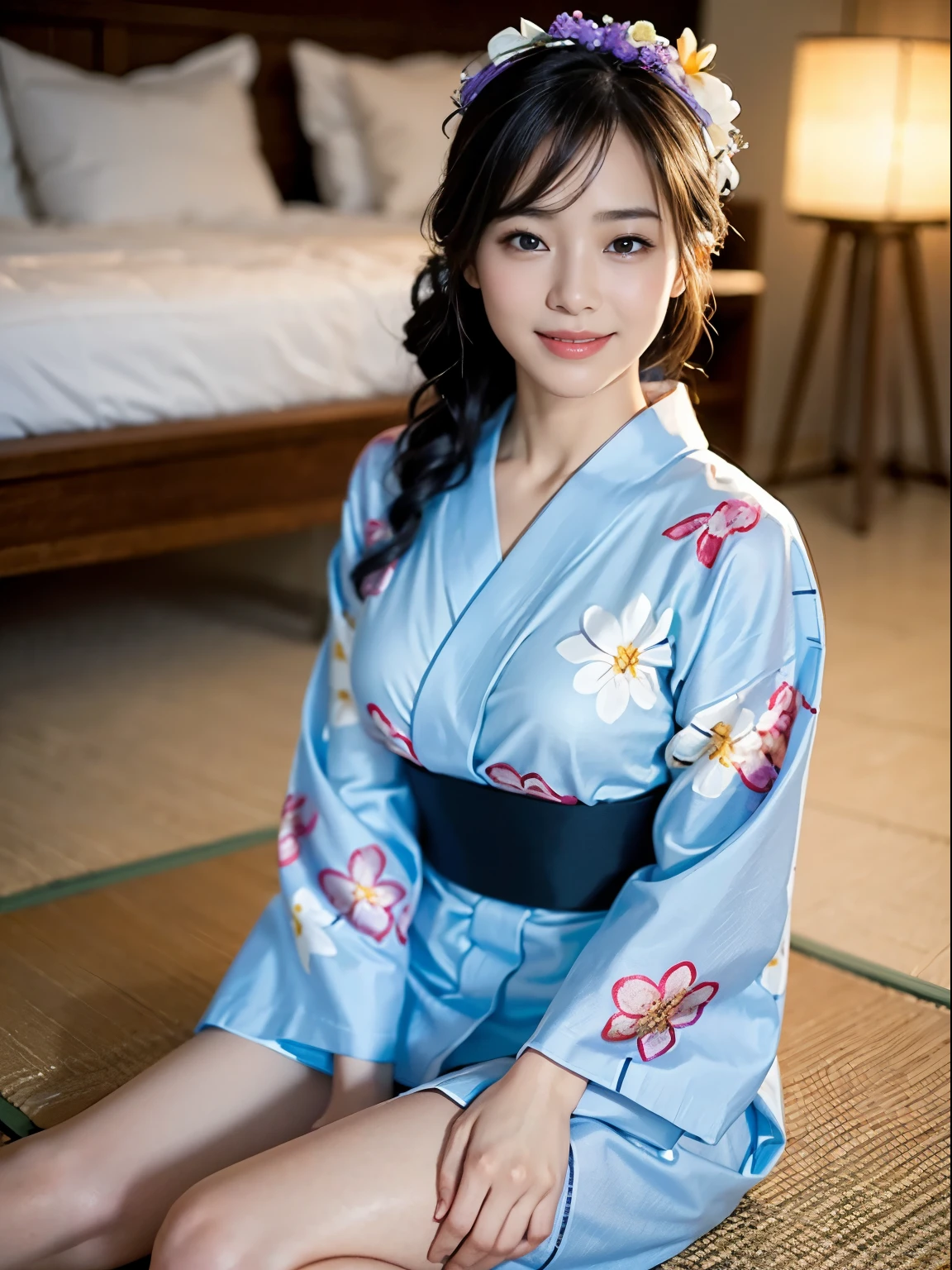 ((Highest quality、16K、Masterpiece:1.3))、Fine skin、Big smile、1 Slender beauty:1.3、(F Cup Big:1.1、Slender Abs:1.2)、((Sparkler)、(Ultra-detailed face and skin texture、Detailed eyes、double eyelid、Detailed eyes)、(Floral Yukata:1.3)、(Sitting on the floor、Sharp focus:1.1、35mm lens、