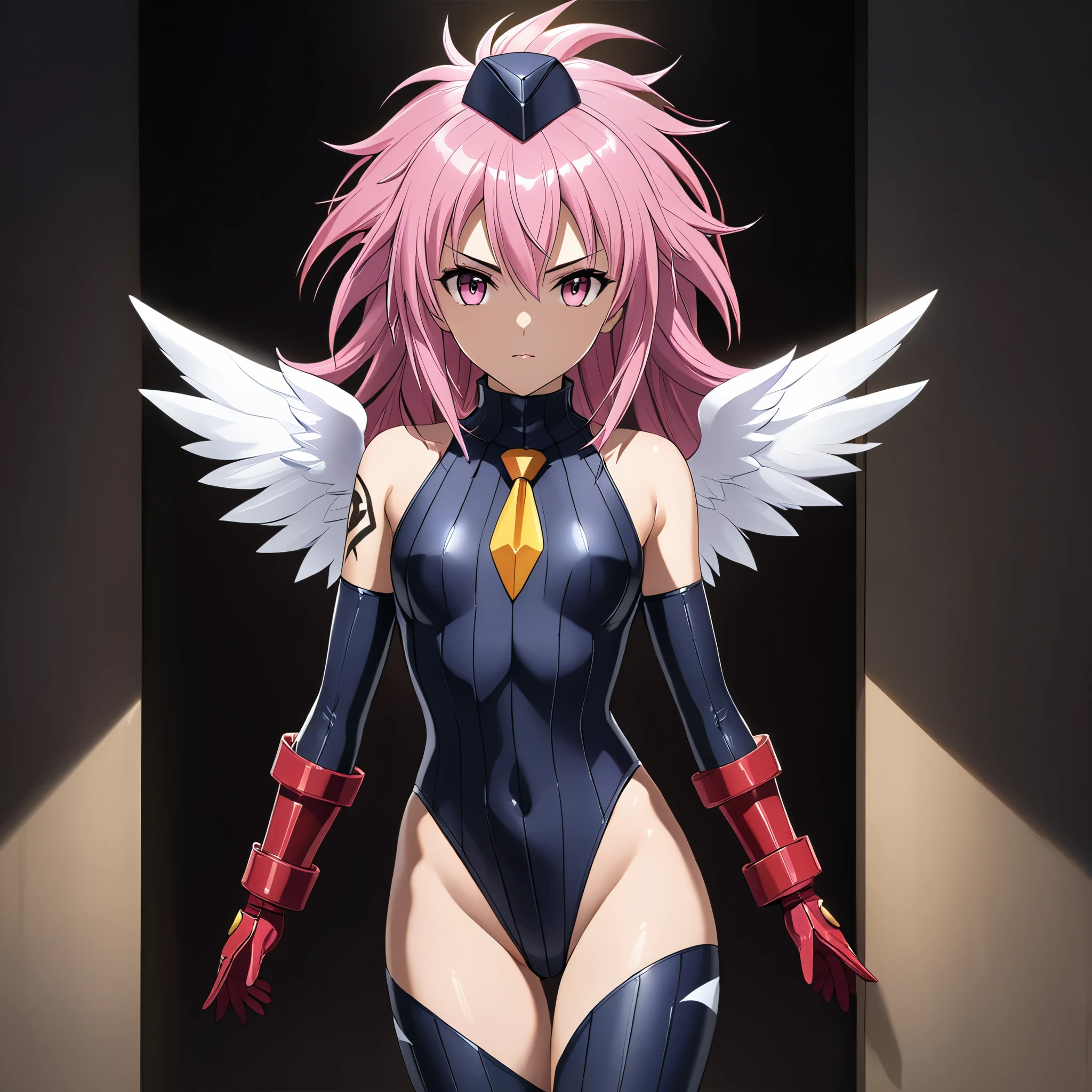 anime, (masterpiece), (best quality), (ultra-detailed), (best illustration), (best shadow), (absurdres), (detailed background), (very aesthetic), shiny, detailed beautiful eyes, outstanding, countershading, detailed soft lighting, an exquisite animation illustration, 1girl, solo, anheang, Dollsuit, thighthigh, dark persona, empty eyes, Wendy Marvell, long hair, pink eyes, pink hair, spiked hair, White wings, tattoo,