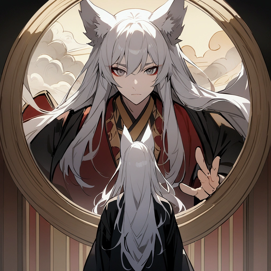 male、fox、Animal ears、Silver Hair、Long hair、Japanese style、Bow painting、1 person、Boss、level、Japanese and Western