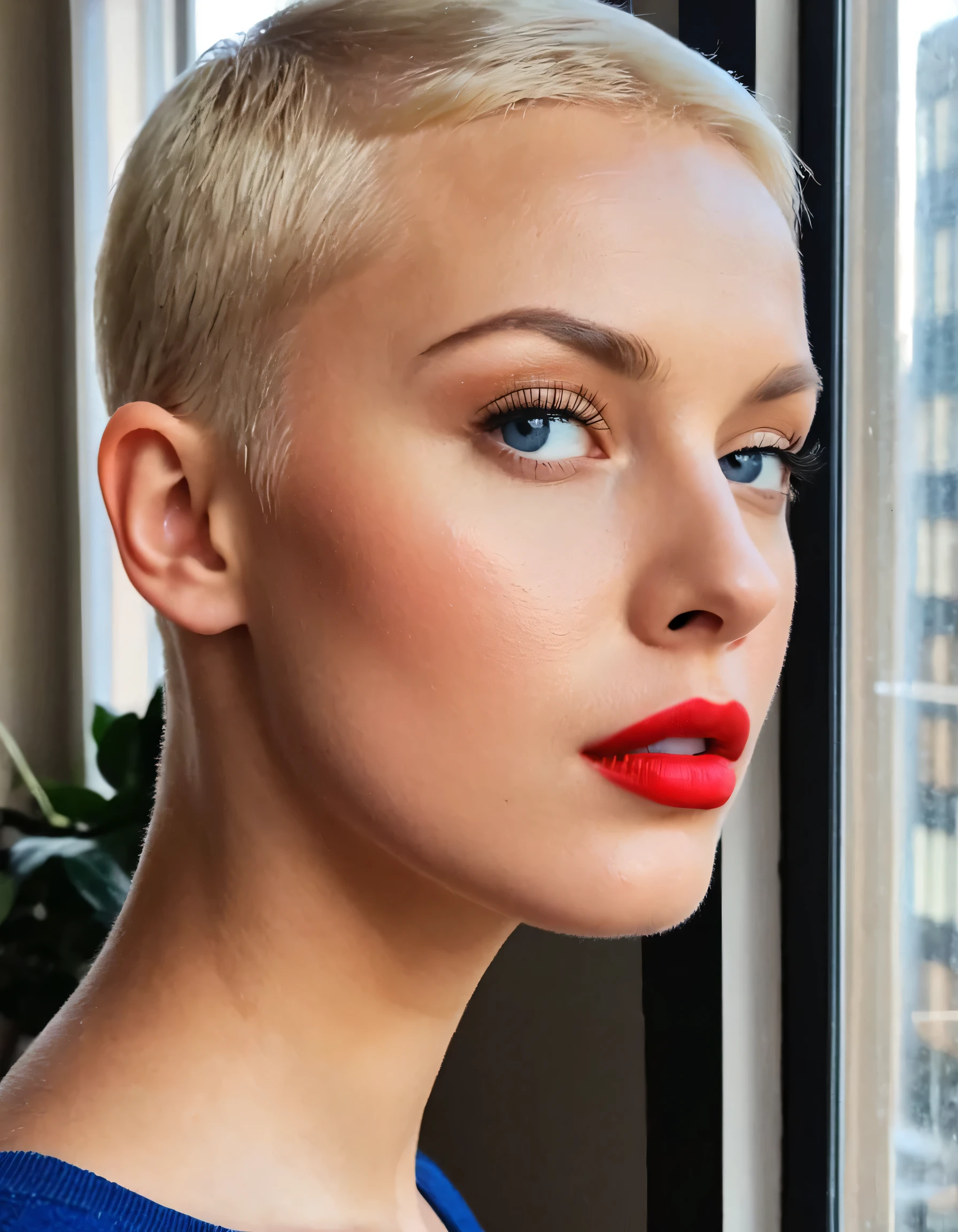 A photo of a (girl with blonde buzz cut hair:1.2), from russia, looking up, she has (blonde eyebrows and eyeline), blue eyes, red lips, fashion model vibe, VOGUE, (natural light streaming through the window:1.1) casting soft shadows on her face, taken with an (iPhone XR:0.8) at 1/60s, f/2.2, ISO 800, candid expression, muted color palette, JPEG format.