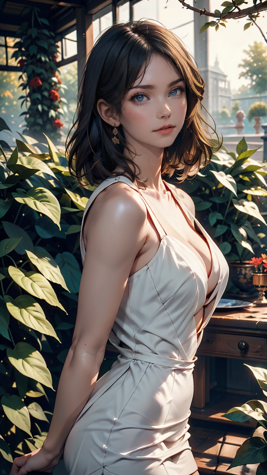 short hair, mmmm, (Sharp focus:1.2), photograph, Attractive Young Woman, (Beautiful Face:1.1), Detailed eyes, Seductive lips, (Bold red lip color:0.85), (Medium chest:1.0), (The body is slim:1.2), (Long Hair:1.2), wear (1980s Peplum Dress:1.2) in (botanical garden:1.2). (Moody lighting:1.2), Depth of written boundary, Bokeh, 4K, High resolution. by (James C. Christensen:1.2|Jeremy Lipking:1.1).