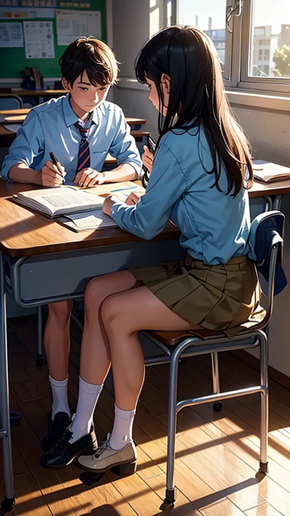 a young couple in a school classroom, studying at a desk, morning sunlight streaming through windows, 