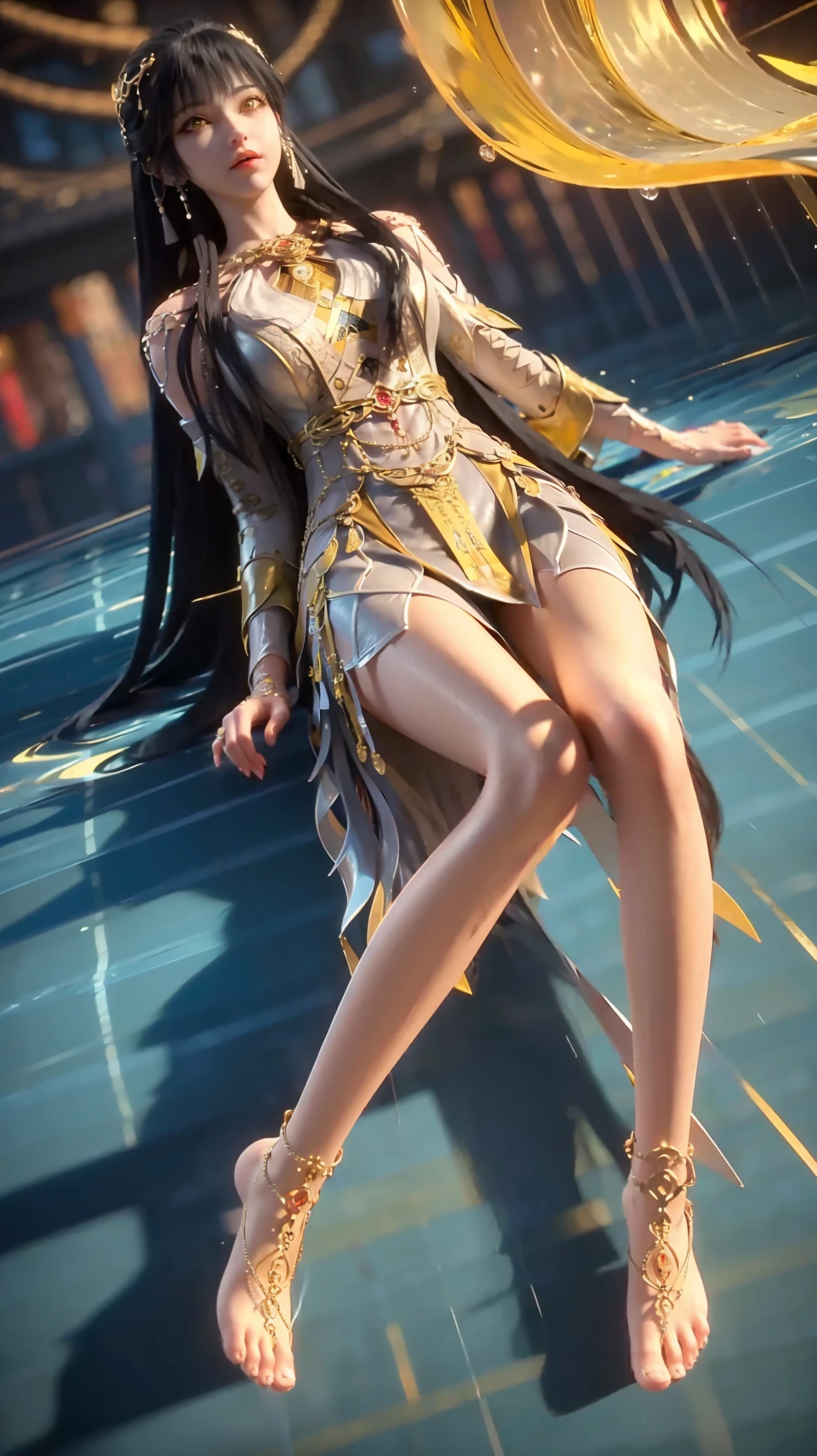 girl,girl在水上下, diving, I have a perfect face, Eye, income, diving,Underwater深处,Underwater,break in,Ton de Aso cage overall, hair,exquisite bare feet,Smooth thighs,精緻的五官和美麗的Eye bodyesbian,while lying down,Smooth thighs,Lace Skirt,dress,(((yellow eyes))), ((long black hair)), delicate features