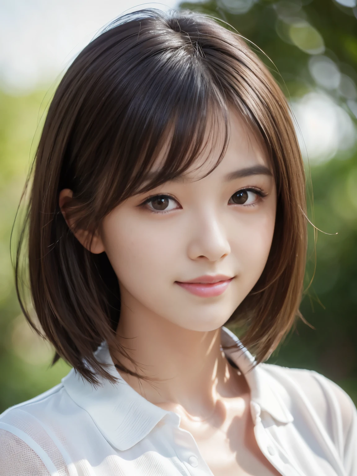 master piece, best quality, ultrahigh res, (photorealistic:1.4), raw photo, 8K photo, Japanese young model, 25 years old, slim face, white polo shirt, blurry background, cleavage, grey eyes, outdoors, look at us with a smile, brown hair,medium hair,asymmetrical hair, asymmetrical bangs, realistic,(natural skin texture, detailed skin, detailed soft eyes, detailed hair, detailed cute lips, hyperrealism, ultra sharpness, intricate details)