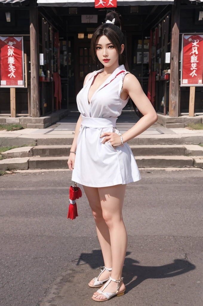 Mai Shiranui, (best quality,ultra-detailed),(Realistic:1.37), beautiful and detailed face, Ultra-realistic texture, delicate face, athletic body, vivid colors. high definition, 8K, wearing red lipstick, rosy cheek.