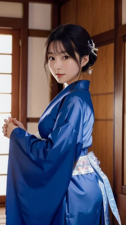  4K Japanese woman, medium hair, wearing underwear and holding a crystal blue shrine maiden-like outfit, upper body, large face facing forward 