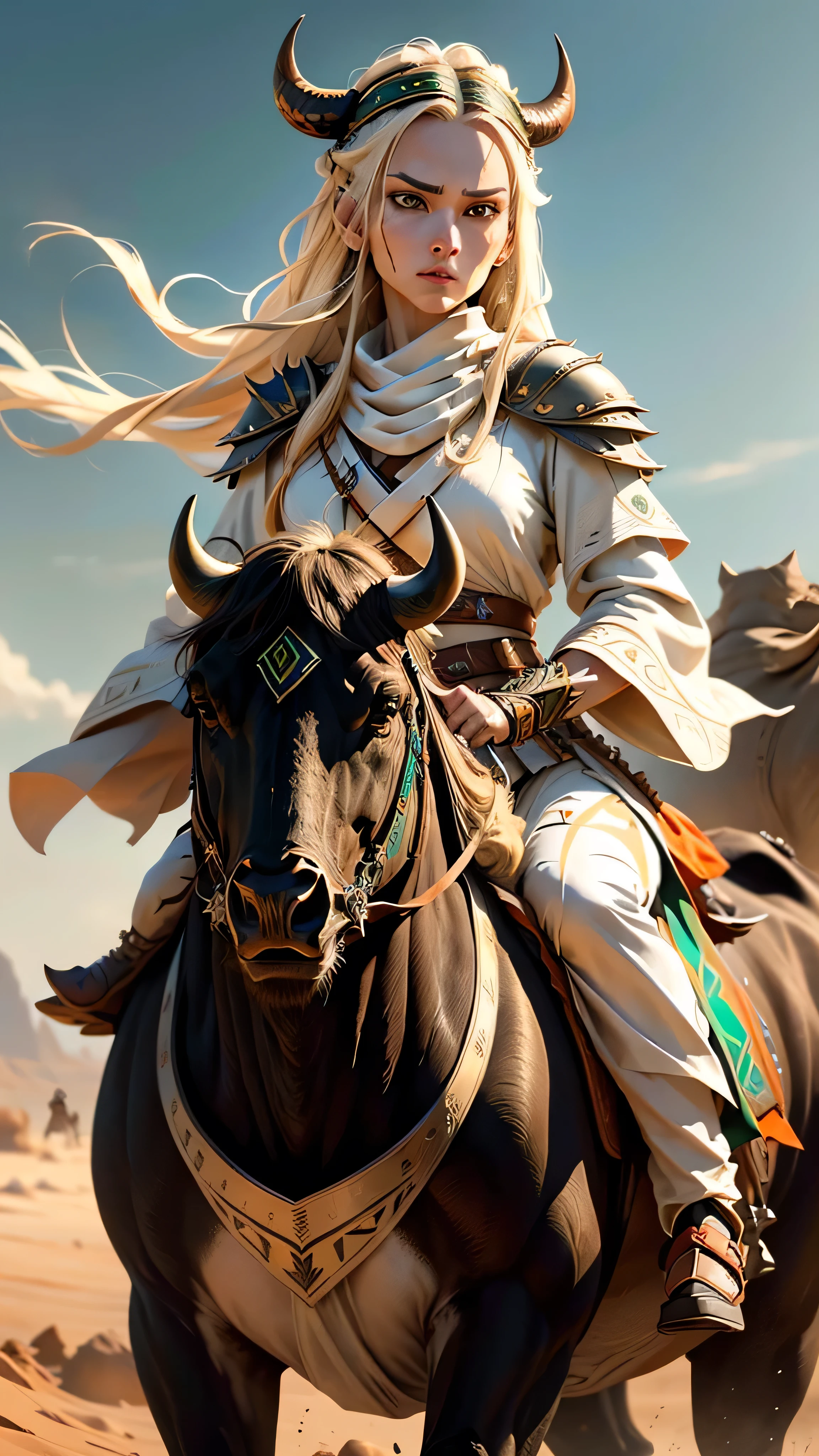 eastern nomad, female, warrior, general, blonde, white thawb, orange patterns, green patterns, (riding on a (big black buffalo)), spikes, spears, (masterpiece, best quality), (green eyes), (hyper realistic:1.6), ((detailed face)), ((award-winning)), (sharp), (8k resolution), (cinematic lighting)