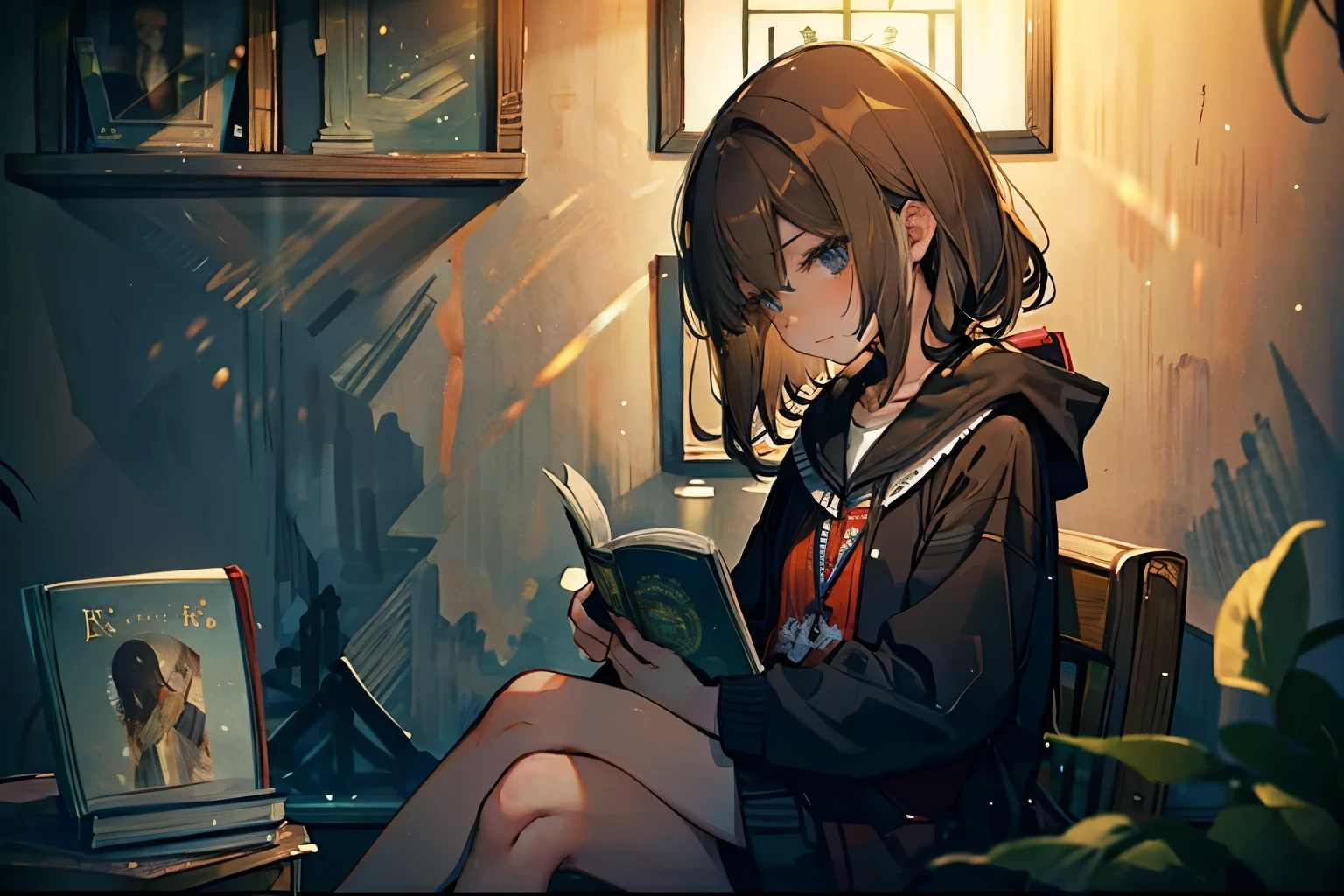 Late Night、masterpiece, wonderful, dark、Brown Hair、teenager、Holding a novel and reading it、Sit leaning against a wall、Bookshelf、Sit on the right side of the room、sit facing left