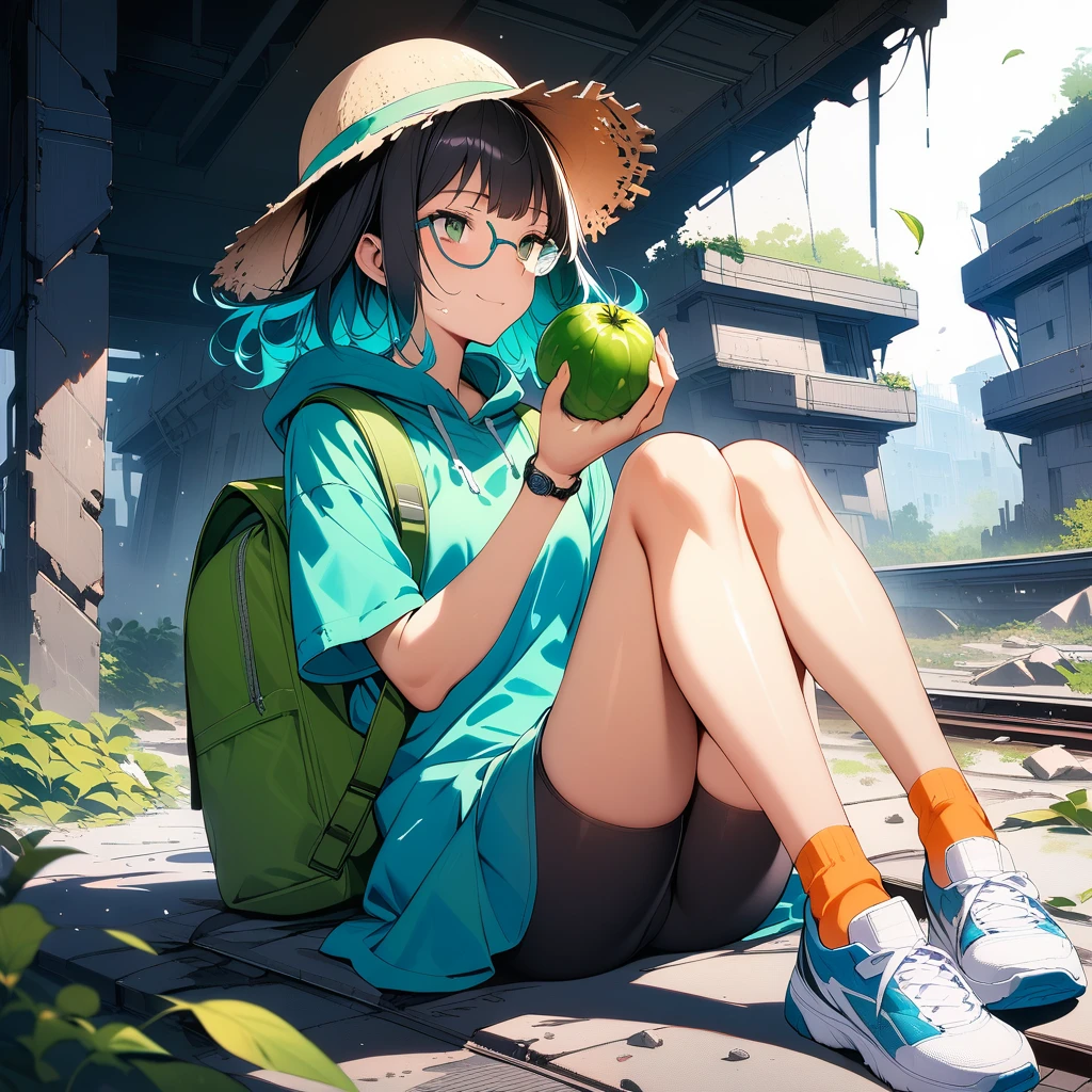 (masterpiece),(best quality),very aesthetic,(ultra-detailed),(super-fine illustration),vibrant colors,high saturation,Collapsed civilization,nsfw,1girl,25yo,slender,tall,medium hair,black hair,natural wave hair,flipped hair,dark green eyes,comfortable,smirk,glasses,(straw hat with leaf color ribbon),carrying a aqua blue rucksack, (thigh-high parka dress with gradient earth color,black bike shorts),short sleeves,Sneaker Shoes,short orange socks,broken wristwatch,Abandoned station platform,Broken concrete ground,sitting indian style,(eating a rugged elongated green fruit,holding a rugged elongated green fruit),summer,cowboy shot,looking away,wind