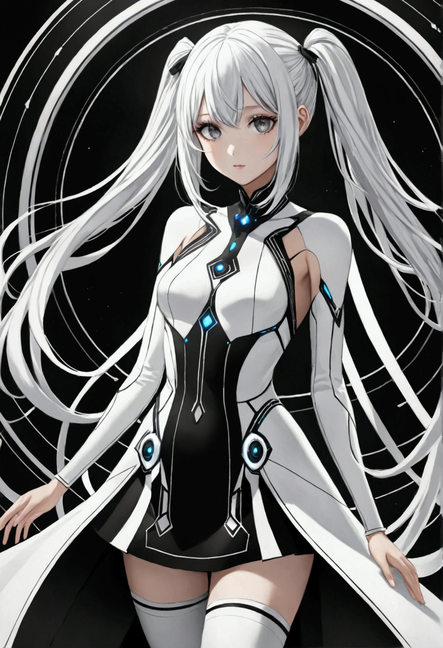 A girl with long white hair designed into intricate twintail with ribbons, grey eyes that exude elegance, slender and athletic built, average height,black and white futuristic dress, white thigh highs,detailed eyes, detailed body, 8k highres best quality.