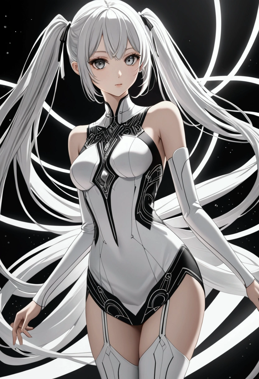 A girl with long white hair designed into intricate twintail with ribbons, grey eyes that exude elegance, slender and athletic built, average height,black and white futuristic dress, white thigh highs,detailed eyes, detailed body, 8k highres best quality.