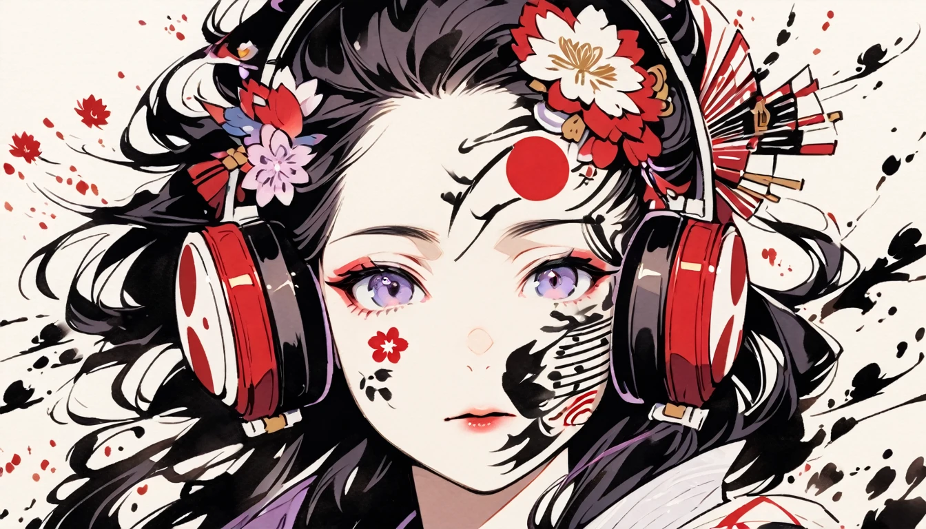 (((Ink Painting))), ((Japanese style headphones)), (((Japanese pattern tattoo on face))), face close up, Gorgeous hair accessories, Japan人の女, Fluttering Hair, Japan, Japanese flag, purple