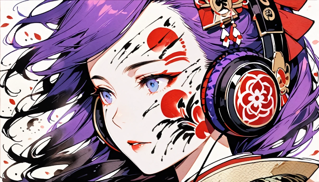 (((Ink Painting))), ((Japanese style headphones)), (((Japanese pattern tattoo on face))), face close up, Gorgeous hair accessories, Japan人の女, Fluttering Hair, Japan, Japanese flag, purple