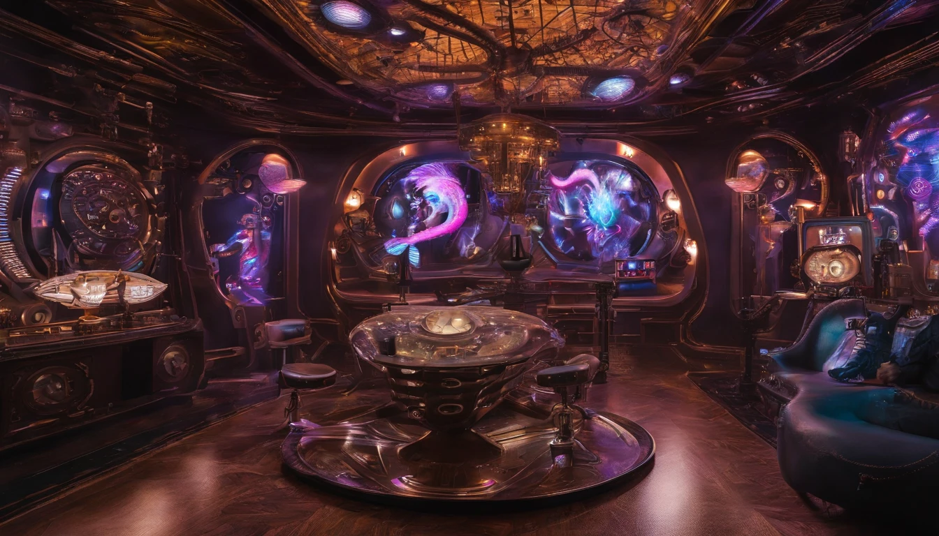 Jacaranda: kaleidoscopic: lights. A luxurious (((steampunk-inspired))) 31st century alien playroom.The house is powered by intricate machines inspired by Ridley Scott. A female alien humanoid is playing a game with her 3 year old son on the floor.