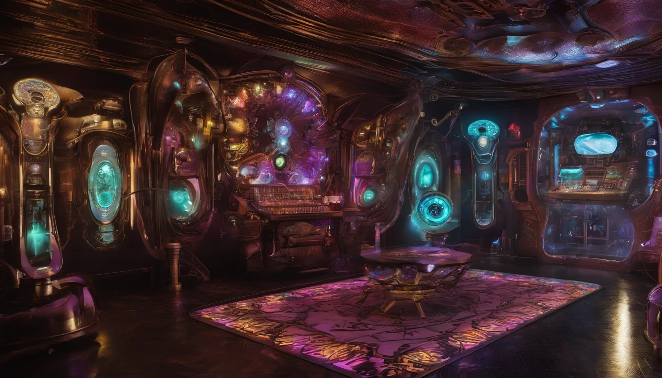 Jacaranda: kaleidoscopic: lights. A luxurious (((steampunk-inspired))) 31st century alien playroom.The house is powered by intricate machines inspired by Ridley Scott. A female alien humanoid is playing  a game with her 3  son on the floor.