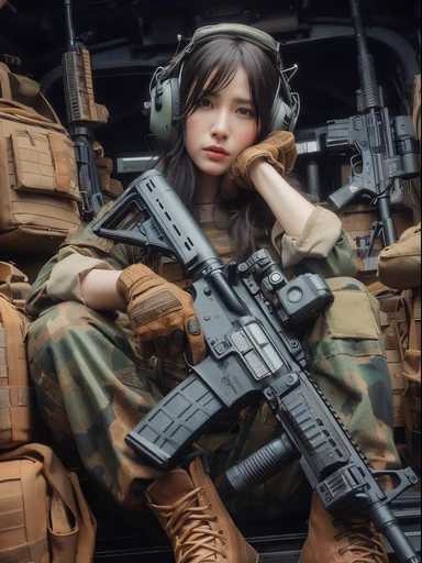 （Just change your hair style.、face）hazel hair，long curly hair，high ponytail，Red headdress，conjunctivitiss，conjunctivitis，red student，Delicate and detailed eyes，sparkling eyes，automatic rifle