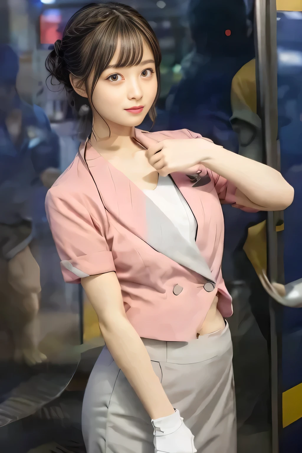 (masterpiece:1.2, Highest quality:1.2), 32k HDR, High resolution, (alone、1 girl)、（On the roof of a building in the daytime、Professional Lighting）、Building rooftop background、（Nankai train crew uniform pinkを着たリアルスタイル）、（Nankai Railway crew uniform, pink, short sleeve, collarless, pink jacket、No-collar short-sleeve blouse、Grey knee-length culottes）、（（The bottom of the pink short-sleeved jacket cannot be tucked into the clay-colored culottes..））、Dark brown hair、（Hair tied up、Chignon）、Dark brown hair、Long Shot、Big Breasts、Thin legs、（（Great hands：2.0）），（（Harmonious body proportions：1.5）），（（Normal limbs：2.0）），（（Normal finger：2.0）），（（Delicate eyes：2.0）），（（Normal eyes：2.0））)、smile、（A beautiful figure showing off the Nankai Railway crew uniform）、Bring your hands down