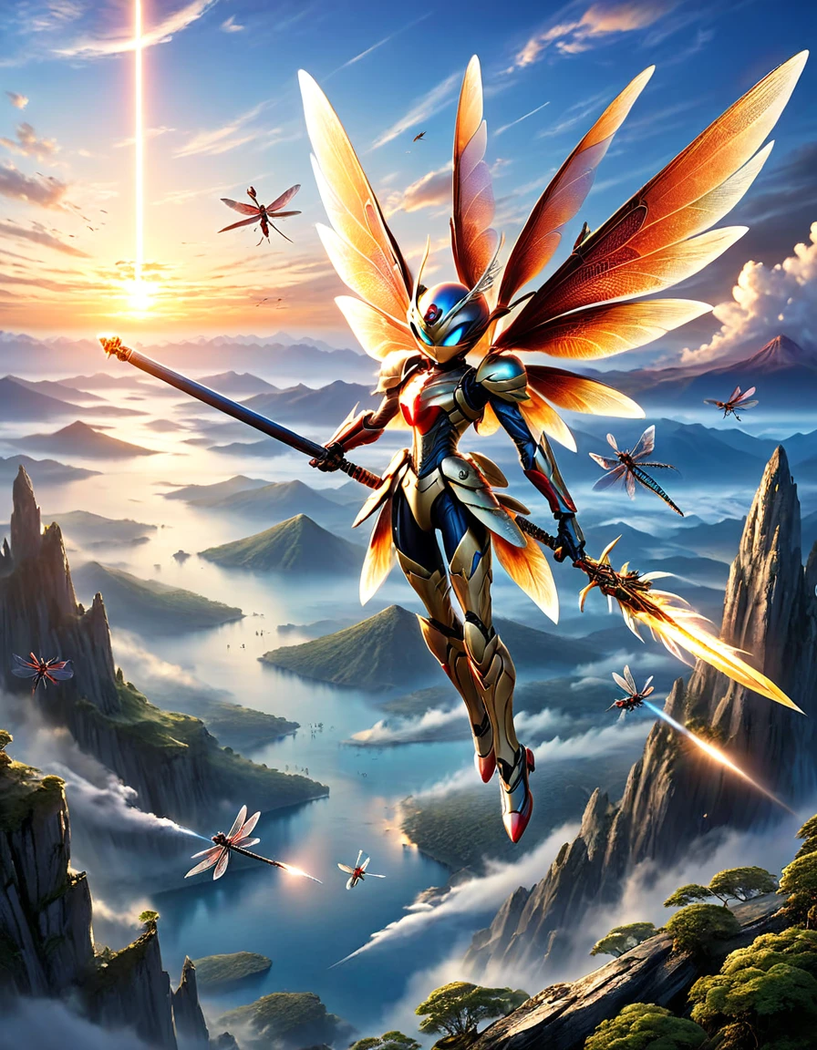 Highest quality, masterpiece, High resolution, Fantasy World、Sunset、Sky and Mountains、No humans、Aura Butler、(Insect-like armor)、Dragonfly feathers、(flying)、flight、Sonic、Floating、Air combat、Holding Sword、Shoulder-held cannon、whole body、extensiive、Aori、